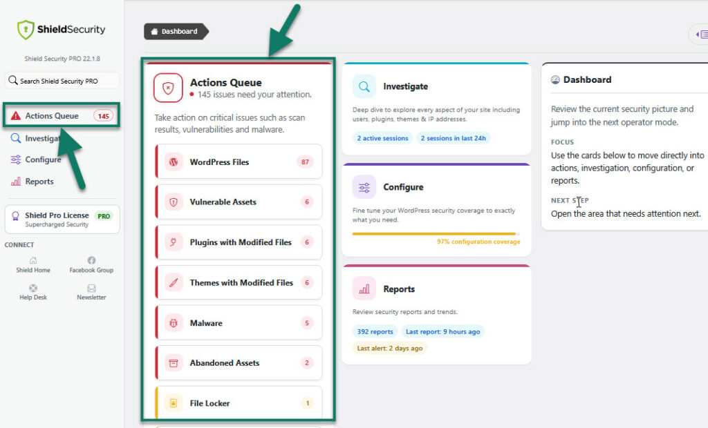 Shield Security PRO’s Actions Queue scan results page