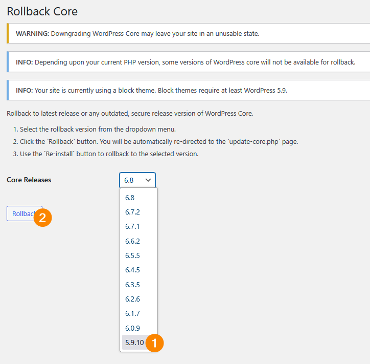 WordPress Core Rollback plugin