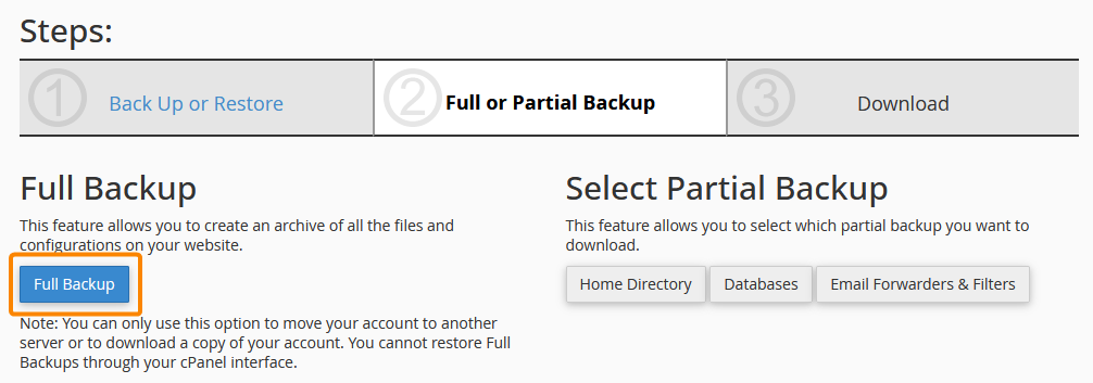 Creating a full backup in cPanel