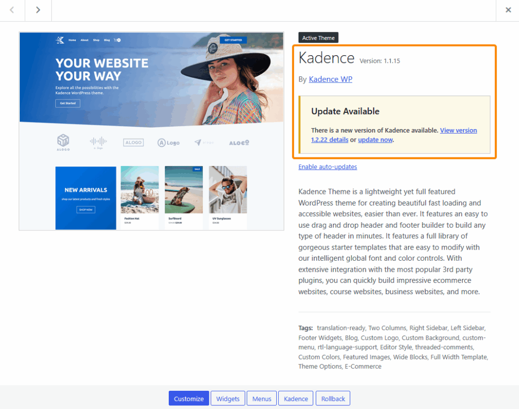 A rolled back WordPress theme