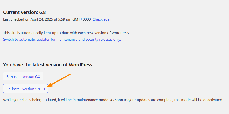 WordPress available versions