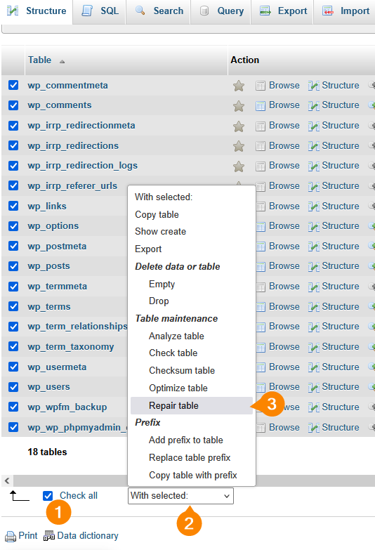 How to repair database tables with phpMyAdmin