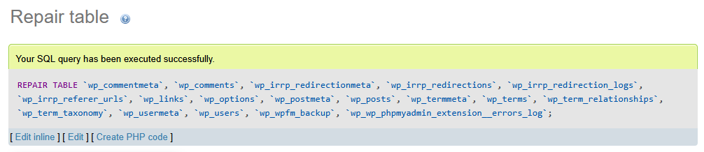 Confirmation message after repairing database tables with phpMyAdmin