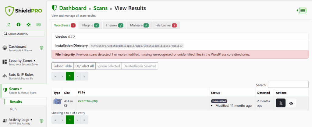 Shield Security PRO’s scan results page