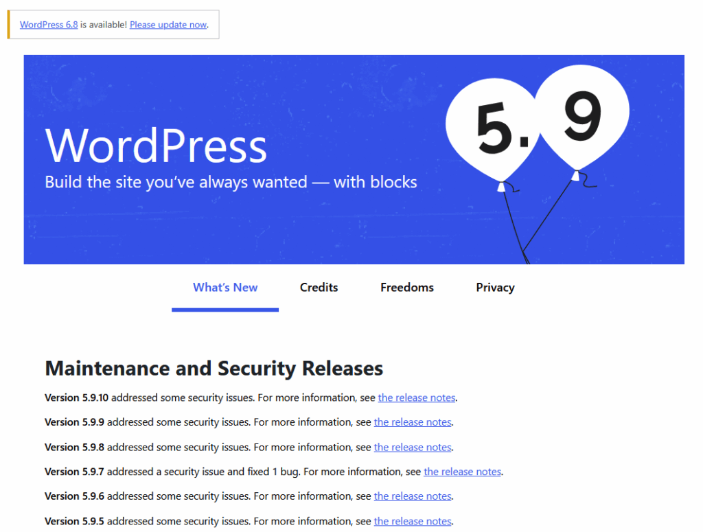 WordPress 5.9.10 welcome screen