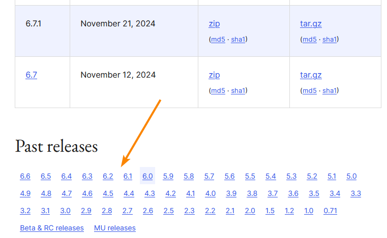WordPress past releases