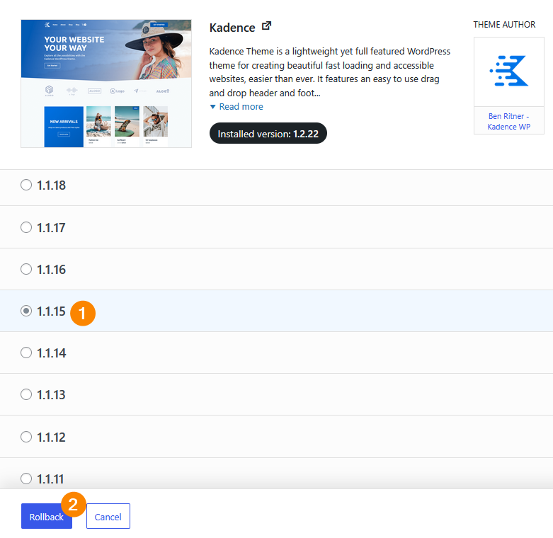 Using WP Rollback to downgrade a theme