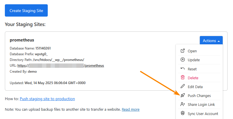 Pushing a WP Staging site to production