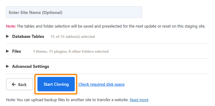 Configuring a new staging site with WP Staging