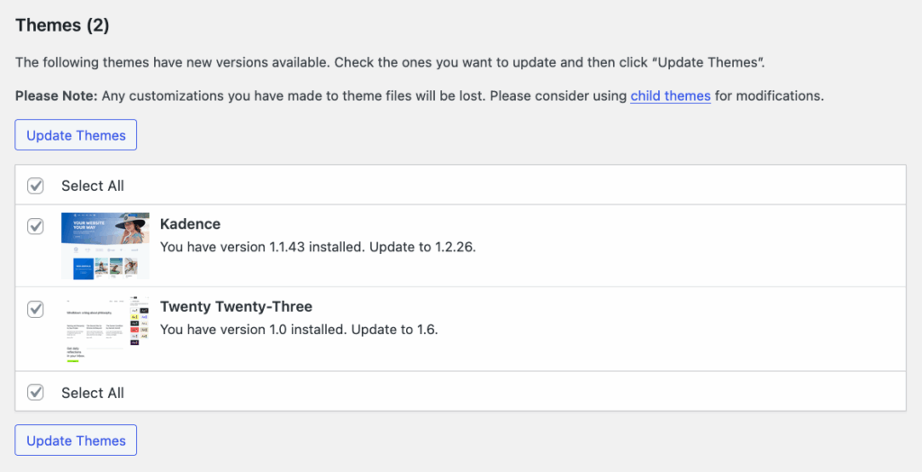 Bulk updating WordPress themes
