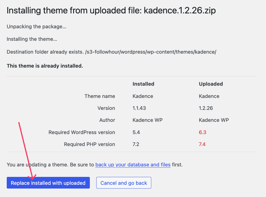 Replacing an older theme version with a new upload