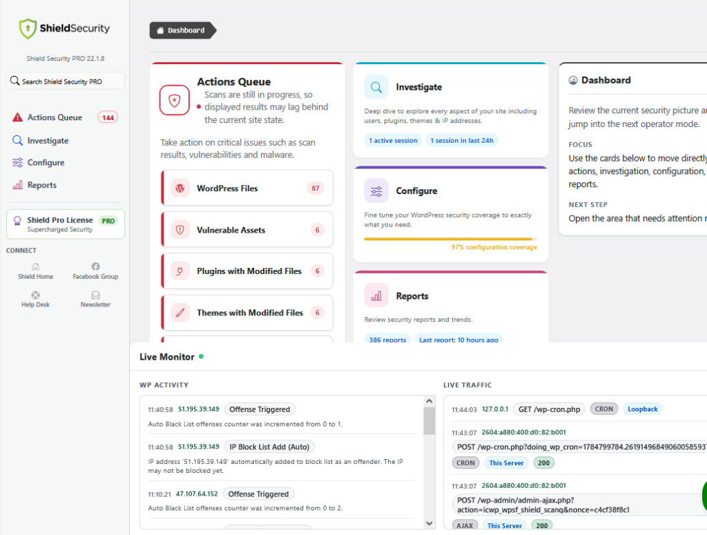 Shield Security PRO dashboard