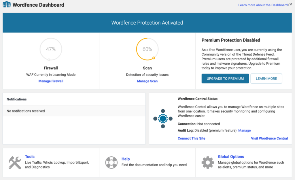The Wordfence Free dashboard