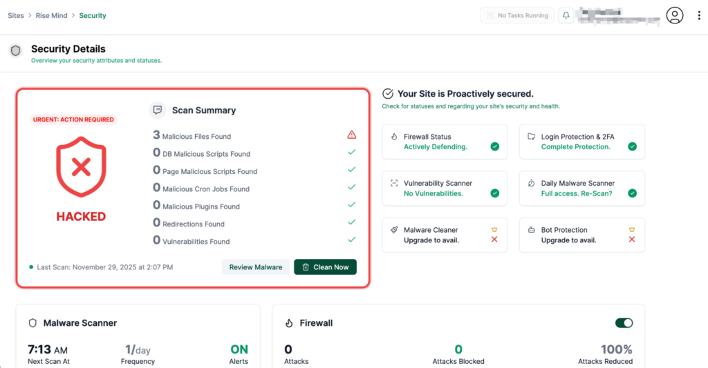 The free Malcare dashboard