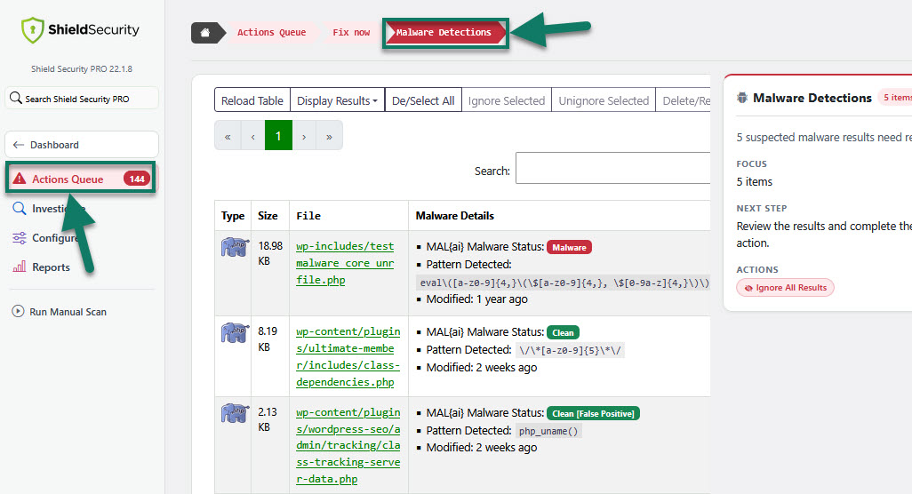 Shield Security PRO malware scan results