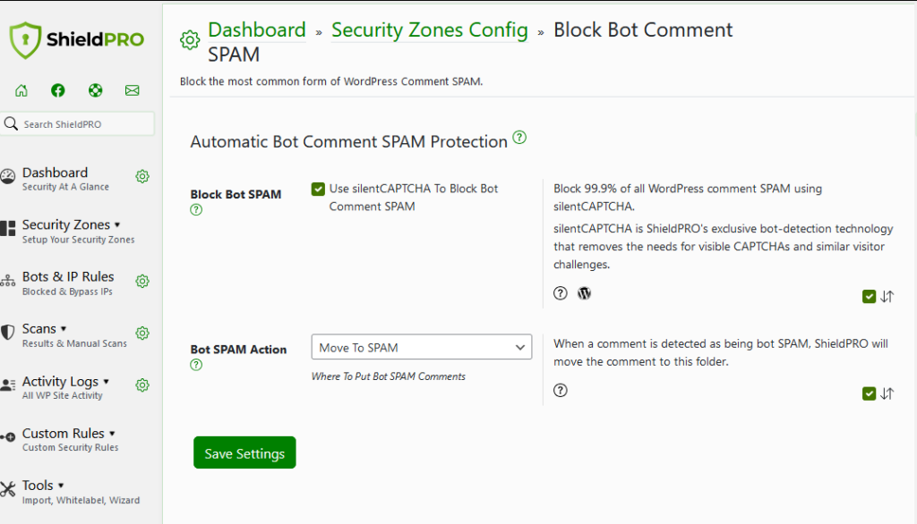 ShieldPRO bot spam blocking dashboard