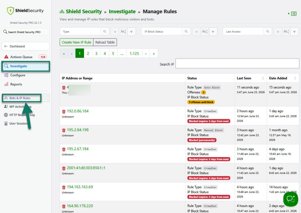 Shield Security Blacklist IPs Table