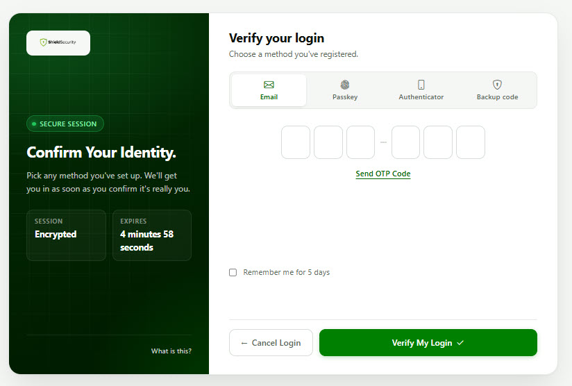 Shield Security, the Two-Factor Authentication login page